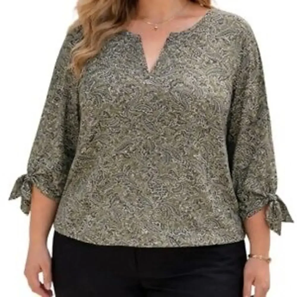 MICHAEL KORS Sage Green White Pasiley Tie Sleeve Tunic $120 Blouse Top Shirt 2X